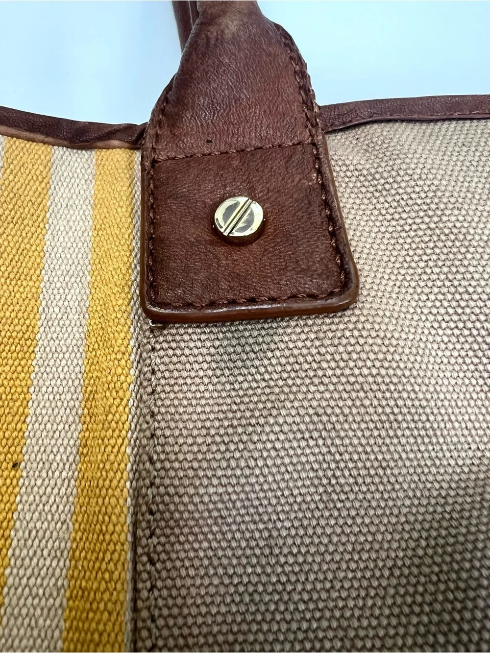 Tory Burch Ella Tote Canvas Bag Yellow Stripe and Brown Leather Trim Logo